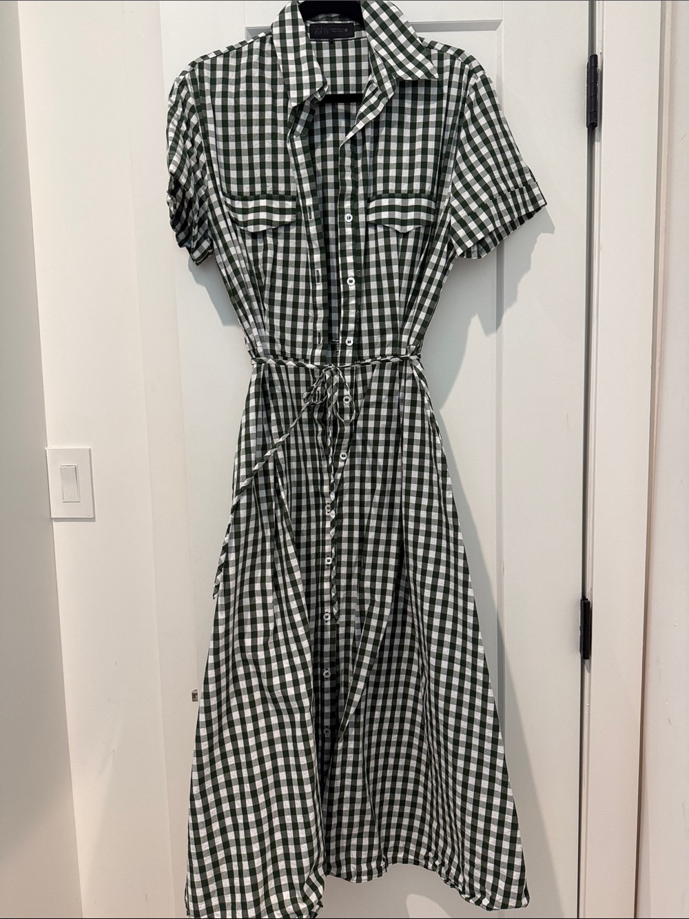 Zara Green and White Gingham Midi Shirt Dress